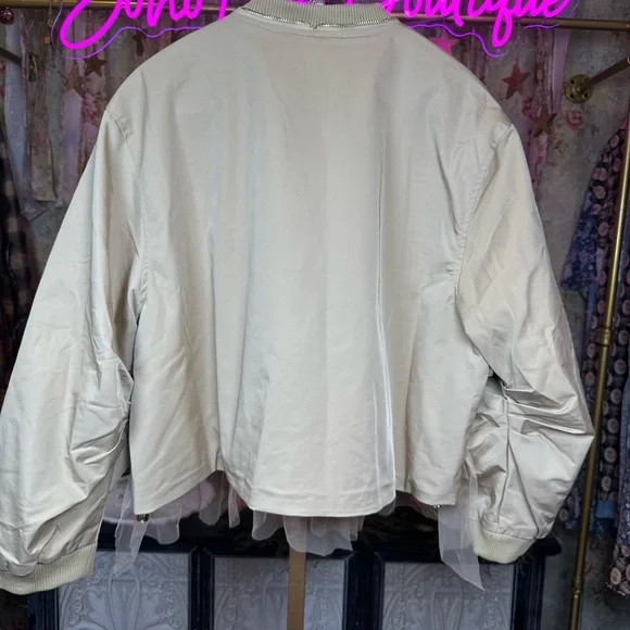 NWT Mesh Layer Bomber Jacket Denim and Tan Ruffle Jacket - Picture 11 of 13
